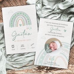Faire-part naissance GAETAN arc-en-ciel vert sauge