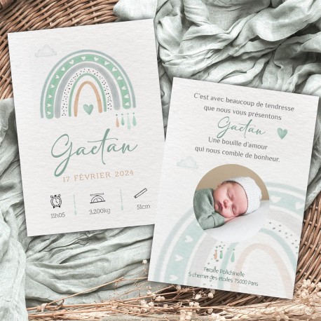 Faire-part naissance GAETAN arc-en-ciel vert sauge