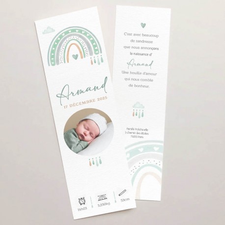Faire-part naissance marque-page ARMAND arc-en-ciel vert